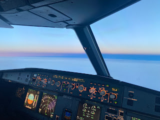 Flight deck under a purple sky