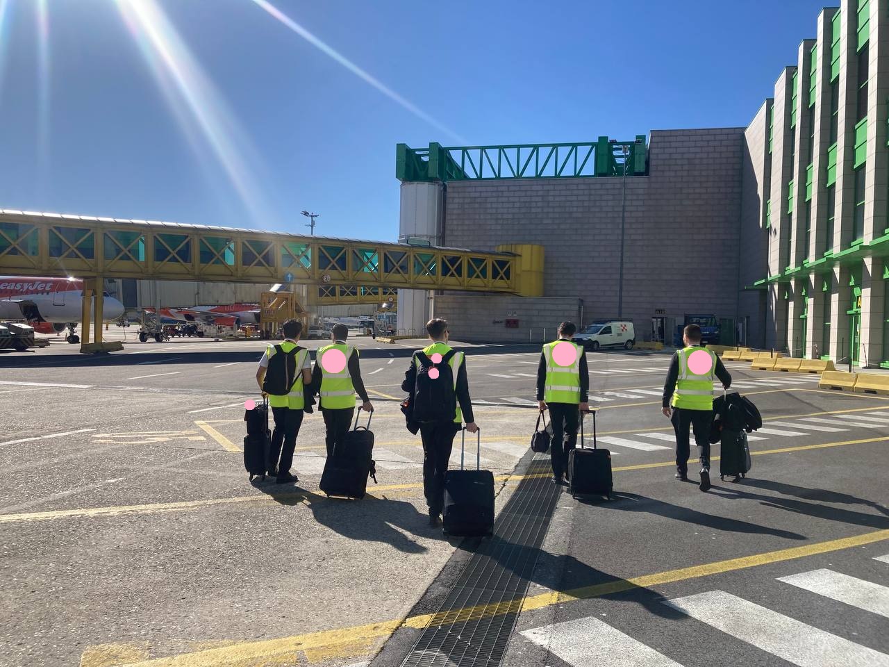 Walking across an airfield apron